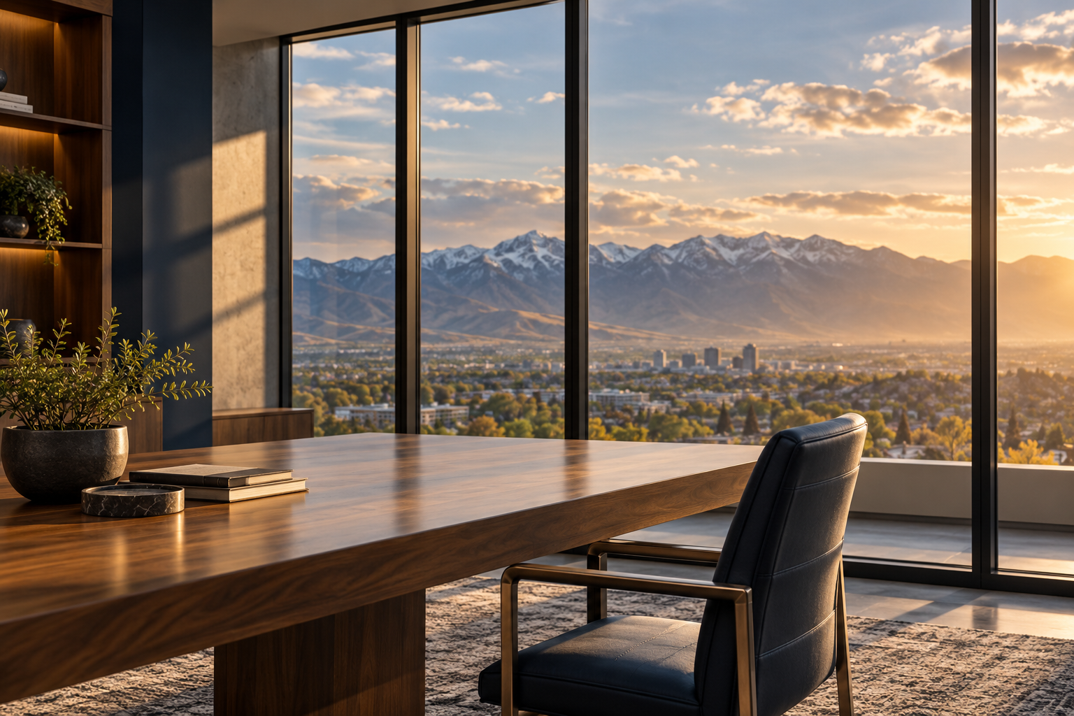 Contemporary office interior overlooking mountains